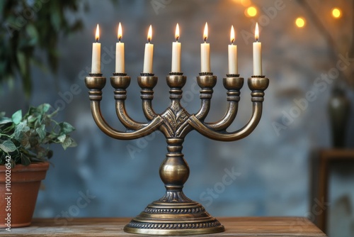 Golden menorah with burning candles, celebrating the jewish festival of hanukkah, a symbol of hope and miracle photo