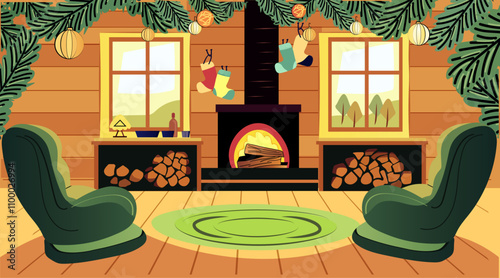Cozy cabin interior Christmas fireplace scene stockings warm tones pine branches armchairs wood logs festive decor