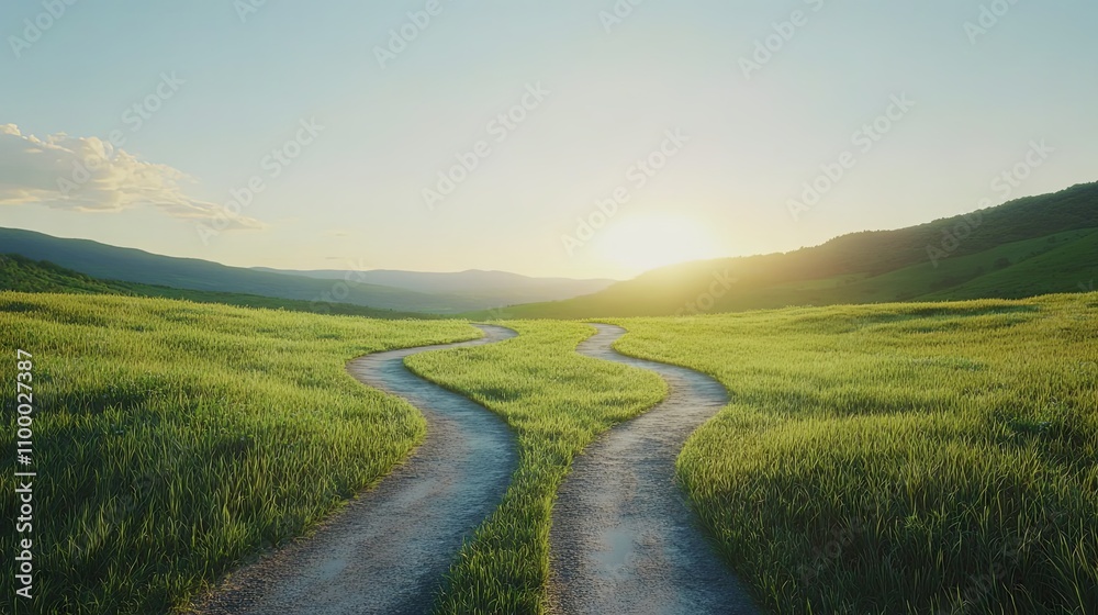 Naklejka premium Winding Road Through Grassy Field at Sunset