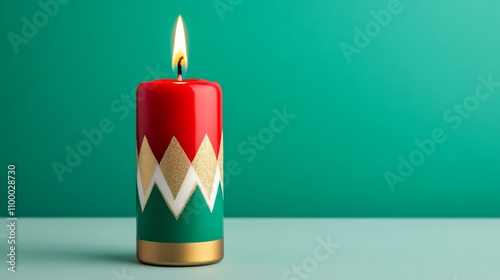 Festive Christmas decoration featuring a red advent candle with gold, green, and white accents 