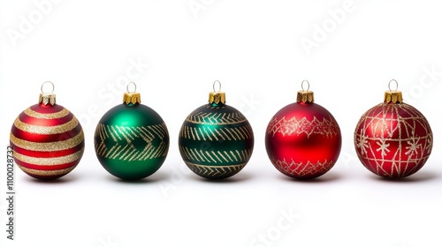 Decorative Christmas balls featuring patterns; isolated on white, showcasing red, gold, and green colors 