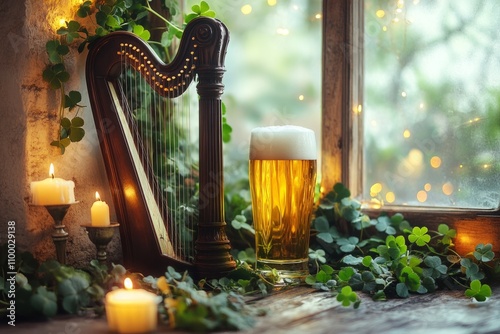 Pint of beer sits beside a celtic harp, adorned with shamrocks and illuminated by candles, celebrating irish culture photo