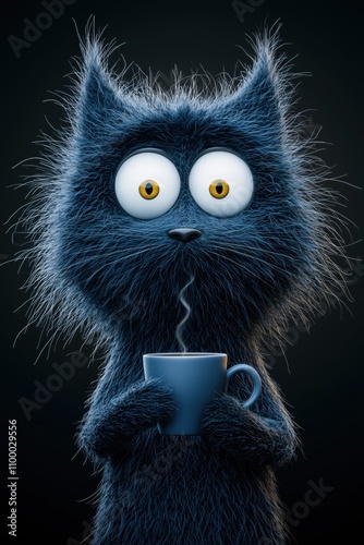 Funny Cartoon Blue Cat with Puffy Fur and Wide Yellow Eyes Holding a Steaming Cup of Coffee on a Dark Background