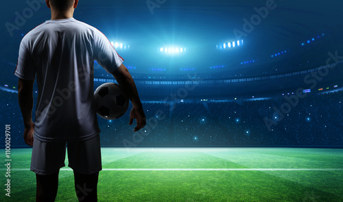 Soccer player standing in a stadium, facing away and holding a ball.	 photo