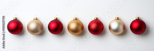 Realistic Christmas ornaments on a white backdrop; featuring gold, red, and silver colors, festive design 