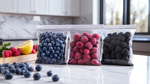 Fresh Berries in Ziplock Bags on Kitchen Counter photo