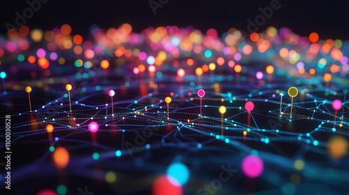 A creative representation of a digital map with colorful pins connected by dotted lines