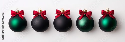 Realistic Christmas balls adorned with red bows on a white background featuring gold and green tones 