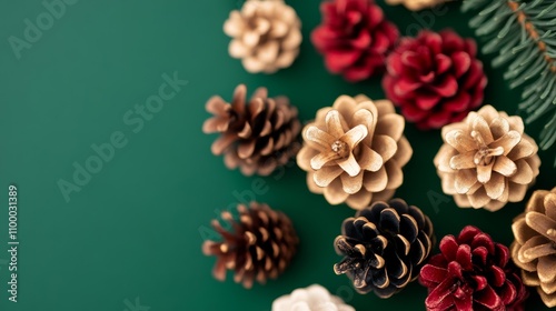 Christmas scene featuring pine cones, with a color palette of green, red, gold, and white 