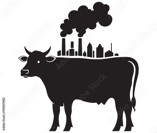 Cow with industrial city silhouette vector, Cow and  industrial icon silhouette