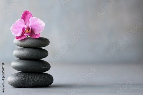 Spa stones and pink orchid on a grey background, featuring soft shades of pink and grey 