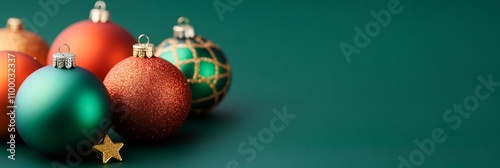Christmas ornaments in vibrant hues with golden stars on rich green background, capturing festive spirit 
