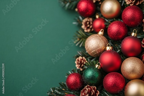 Christmas background featuring festive decorations; vibrant red, green, gold hues create a joyful holiday atmosphere 