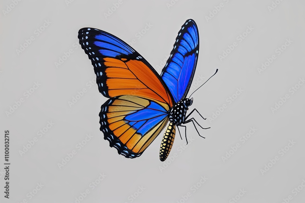 Obraz premium Stunning Blue Yellow Orange Butterfly Soaring Isolated on White Background