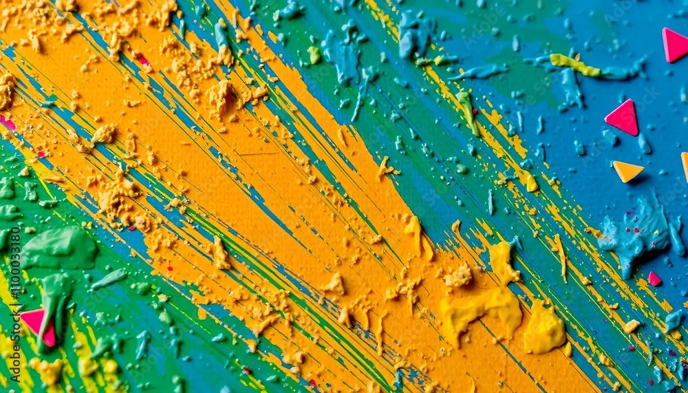 Fototapeta premium Close-up of brushstrokes on a painted canvas, featuring vibrant colors and rough texture with expressive artistic quality