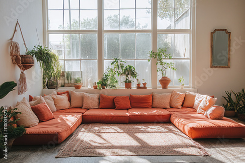 A yoga corner with rose-colored couch and natural light streaming in, chic aesthetic. photo