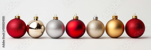 Realistic Christmas ornaments on a white backdrop; featuring gold, red, and silver colors, festive design 