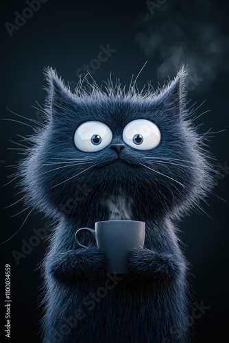 Playful Cat with Fluffy Fur and Bright Eyes Enjoying Coffee from a Steaming Cup on a Dark Moody Background