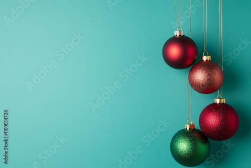 Christmas balls in red, green, and gold hanging against a vibrant blue background, festive décor 