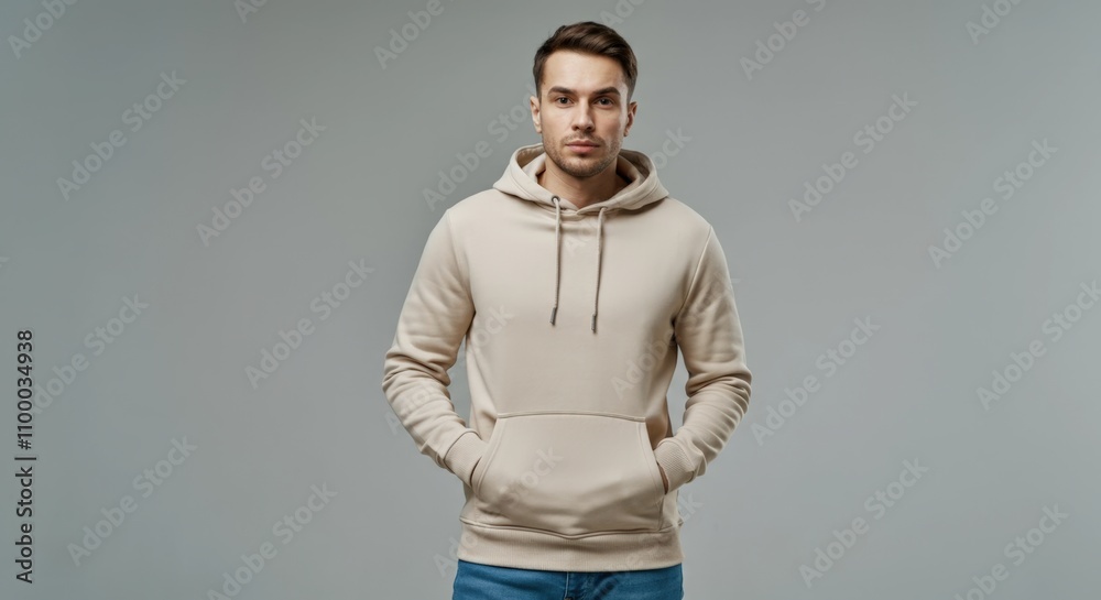 Fototapeta premium Man in Beige Hoodie, Casual Fashion