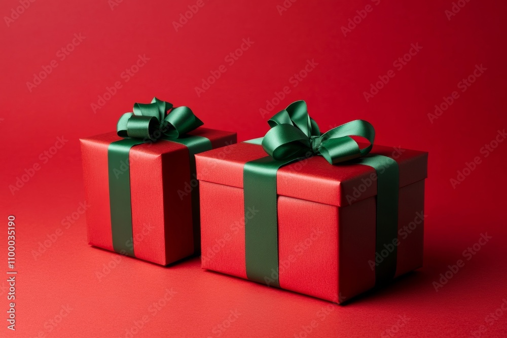 Obraz premium Vertical Christmas presents with green ribbons, festive ornaments on red background, joyful holiday atmosphere, red, green 