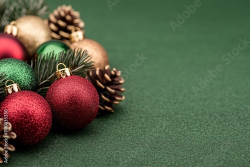 Christmas background featuring festive decorations; vibrant red, green, gold hues create a joyful holiday atmosphere 