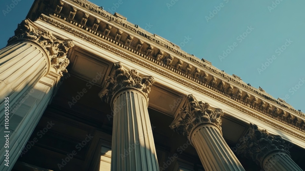 Fototapeta premium Imposing columns of a neoclassical building under a bright blue sky create a striking perspective from below