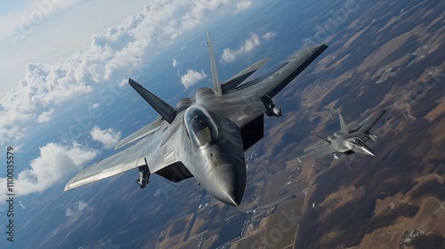 F-22 raptor and sukhoi su-75 checkmate flying over farmland