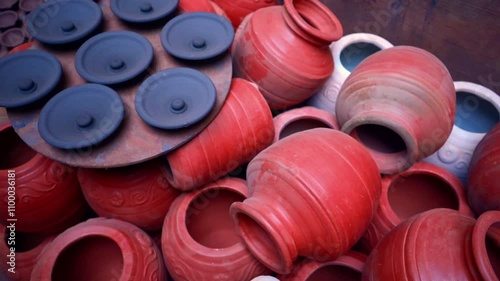 Different types of traditional clay pots, India