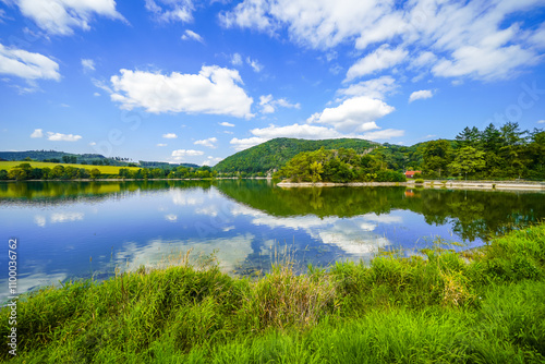 View of Lake Diemelsee and the surrounding landscape. Idyllic nature at the reservoir in Sauerland.
 photo