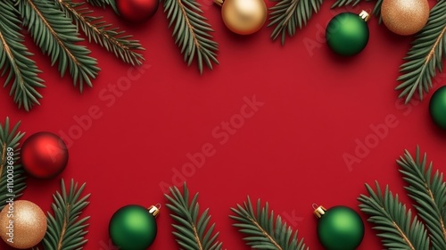 Red background featuring fir branches and a Christmas ball in green, gold, and red colors 