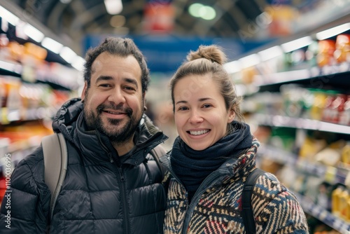 Wallpaper Mural Portrait of a happy multicultural couple in their 30s dressed in a thermal insulation vest over busy supermarket aisle background Torontodigital.ca