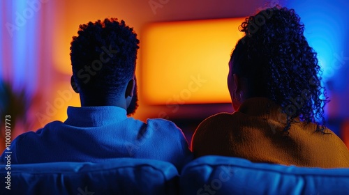 A cozy couple enjoying a movie night at home, illuminated by a colorful television screen. photo