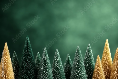 Glowing Christmas trees adorn a panoramic background in hues of green, gold, and white magic 