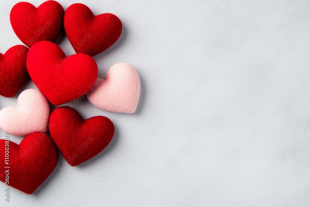 Obraz premium Valentine card featuring handmade red and pink hearts on grey background for happy lovers day 
