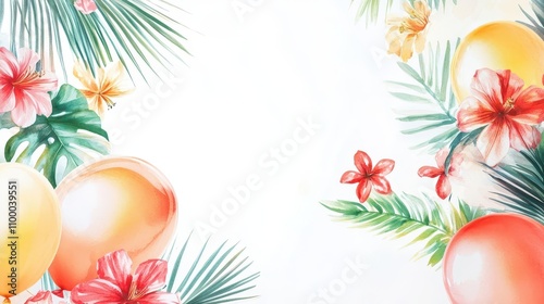 Brightly painted watercolor balloons with tropical flowers and palm leaves for a summer party theme
