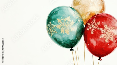 Christmasthemed watercolor balloons in red, green, and gold with snowflake details photo