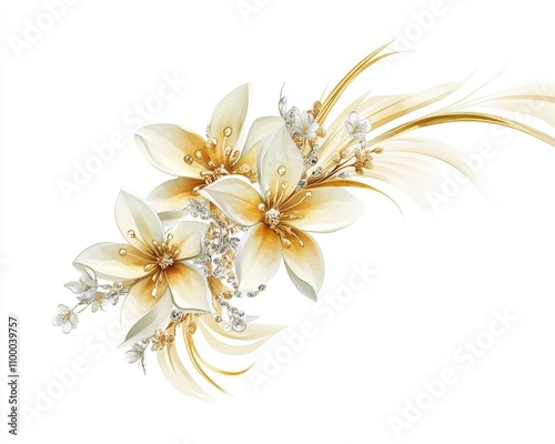 Elegant white and gold floral arrangement with delicate details on a white background.