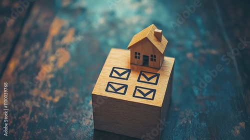 A wooden house model sits atop a checklist, symbolizing homeownership and completion of tasks.