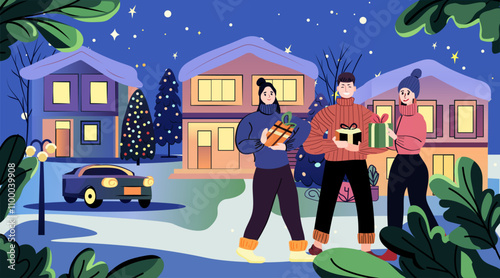 Christmas celebration winter scene with people exchanging gifts in snowy neighborhood with decorated houses and trees colorful night sky holiday theme