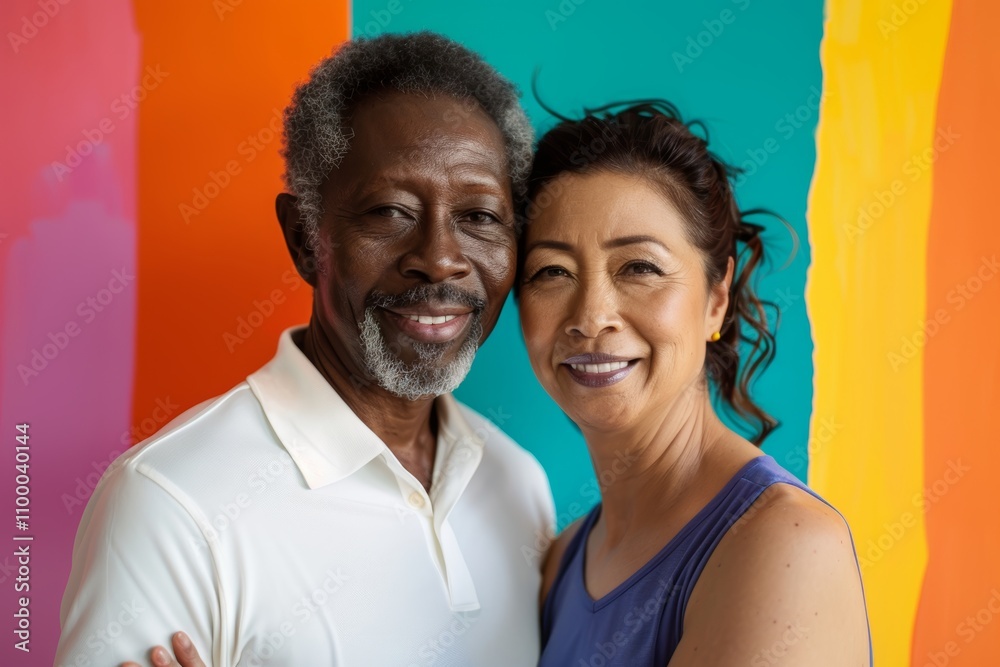 Fototapeta premium Portrait of a tender multiethnic couple in their 50s wearing a breathable golf polo on vibrant yoga studio background