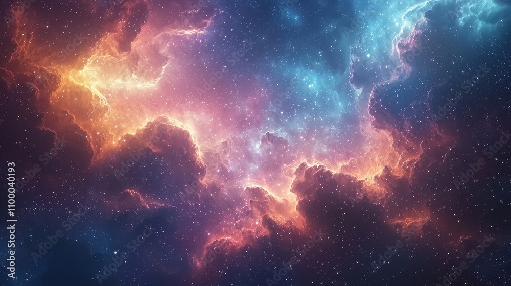 Fototapeta premium A cosmic-themed background with a glowing galaxy in rich hues of indigo, pink, and gold. Nebula clouds swirl around clusters of stars, adding depth and wonder. The scene feels infinite and magical 