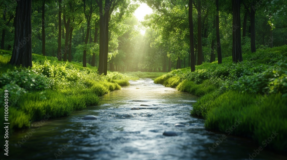 Obraz premium Tranquil forest creek flows gently under warm sunlight, surrounded by lush green and golden hues 