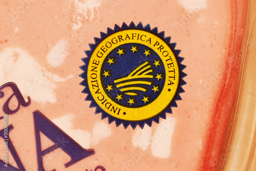 Close-up of sliced Mortadella Bologna with IGP mark