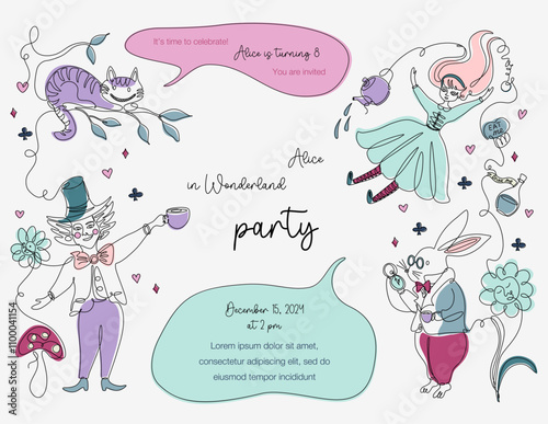 Alice in Wonderland birthday party invitation card. Horizontal template with characters and symbols of famous fairy tale. Line art style design. Hand drawn vector illustration. 
