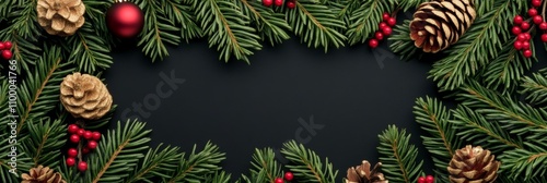 Festive Christmas background featuring fir branches, incorporating traditional green, red, and gold hues throughout 