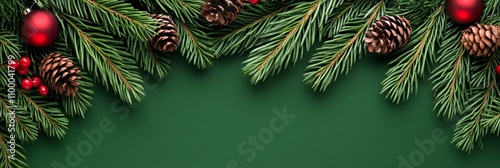 Christmas Background featuring Fir Tree Branches, Top View in Green, Red, White Colors for Festive Design 