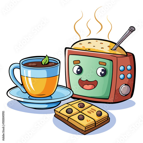 a steaming cup of tea with cookies beside a tv rem
