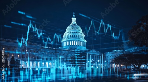 Digital visualization of financial market trends against the backdrop of the US Capitol building at night