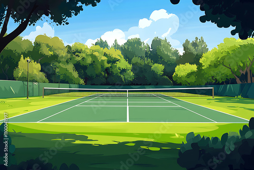 A serene tennis court surrounded by lush greenery under a bright blue sky. photo